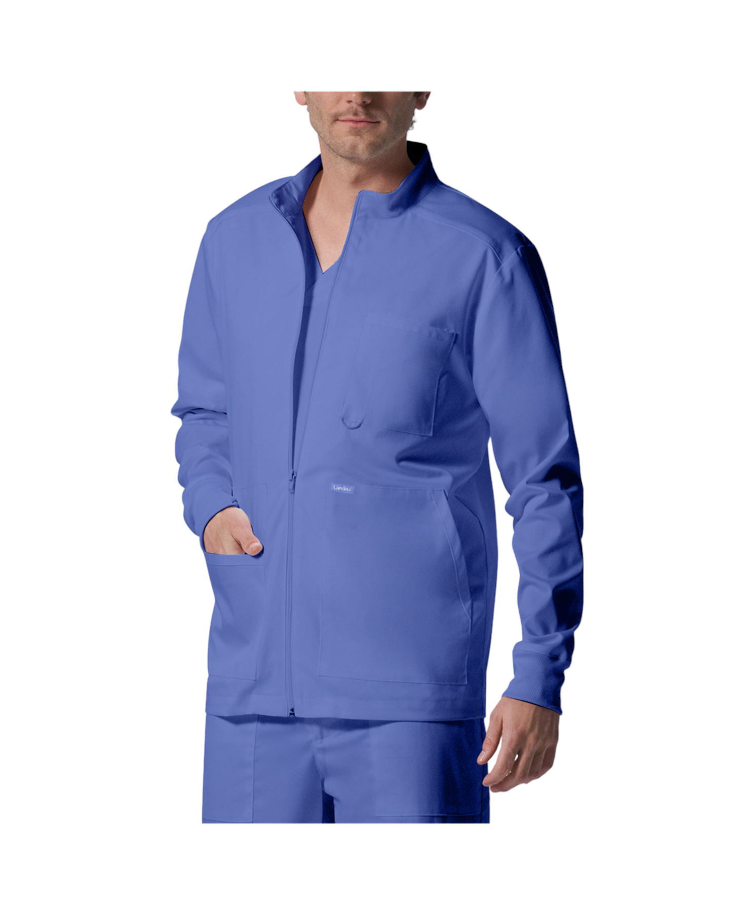 Veste de survêtement pour hommes Landau Proflex #LJ702 OS avec 1 poche poitrine avec boucle pour badge d'identité, 2 grandes poches et une petite poche bonus contenant un élastique pour garder vos articles de papeterie rangés, couleur Bleu ciel.