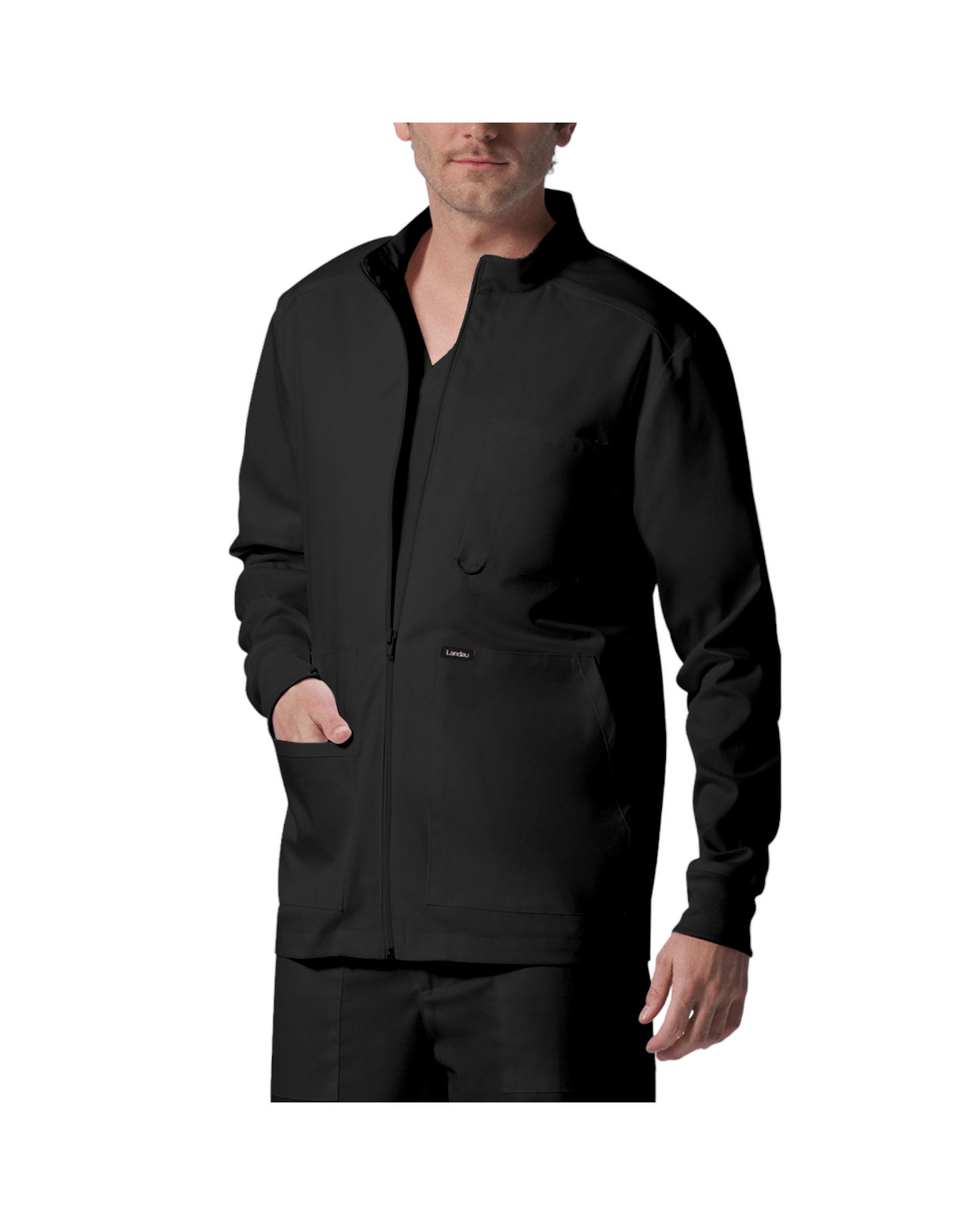 Veste de survêtement pour hommes Landau Proflex #LJ702 OS avec 1 poche poitrine avec boucle pour badge d'identité, 2 grandes poches et une petite poche bonus contenant un élastique pour garder vos articles de papeterie rangés, couleur Noir.