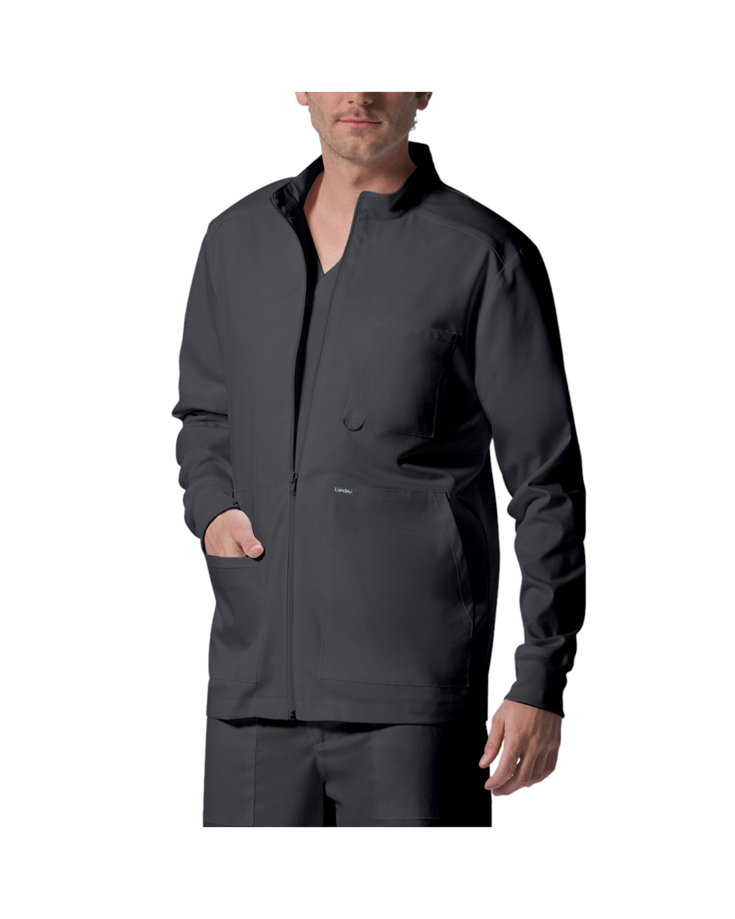 Veste de survêtement pour hommes Landau Proflex #LJ702 OS avec 1 poche poitrine avec boucle pour badge d'identité, 2 grandes poches et une petite poche bonus contenant un élastique pour garder vos articles de papeterie rangés, couleur Pewter.