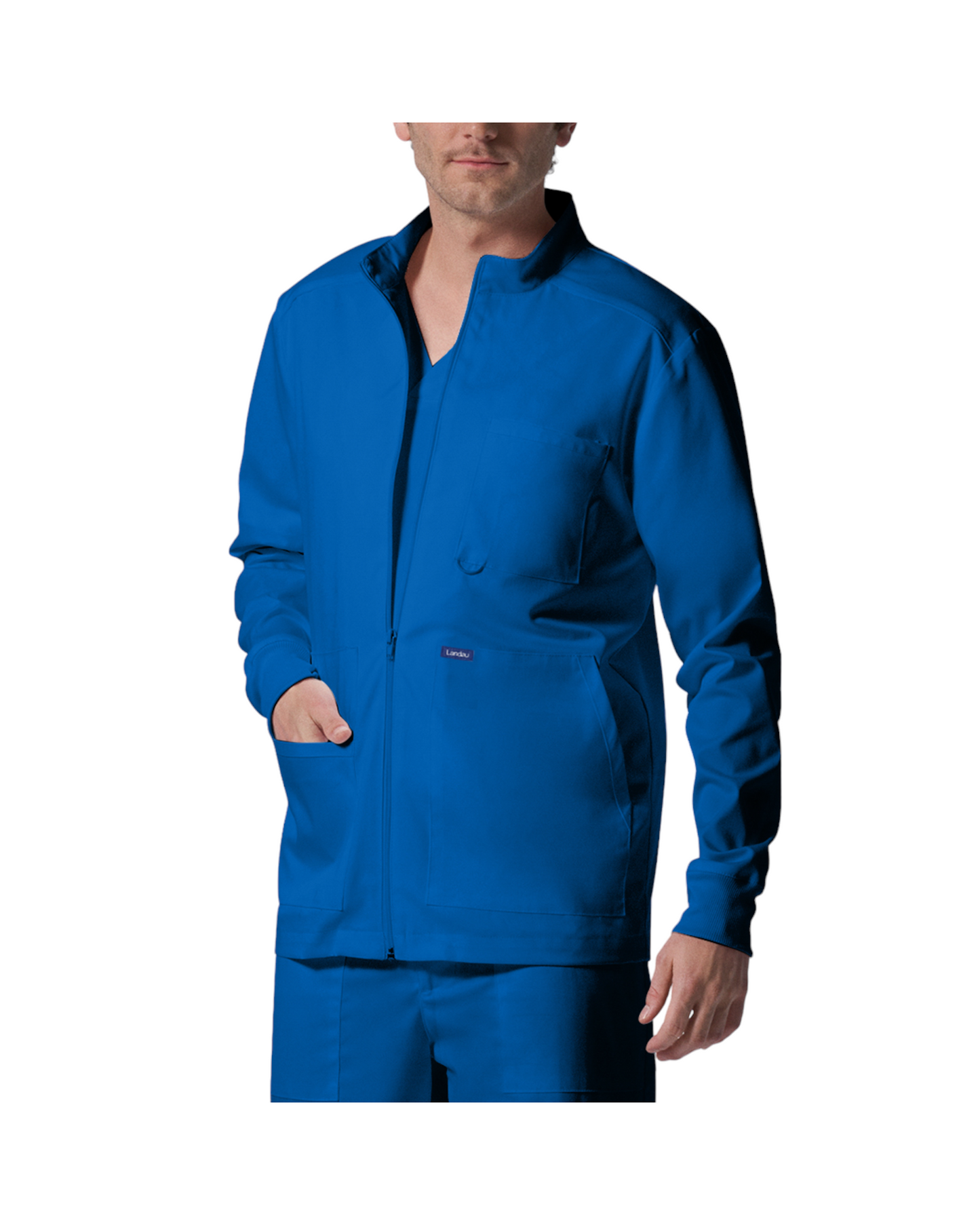 Veste de survêtement pour hommes Landau Proflex #LJ702 OS avec 1 poche poitrine avec boucle pour badge d'identité, 2 grandes poches et une petite poche bonus contenant un élastique pour garder vos articles de papeterie rangés, couleur Royal.