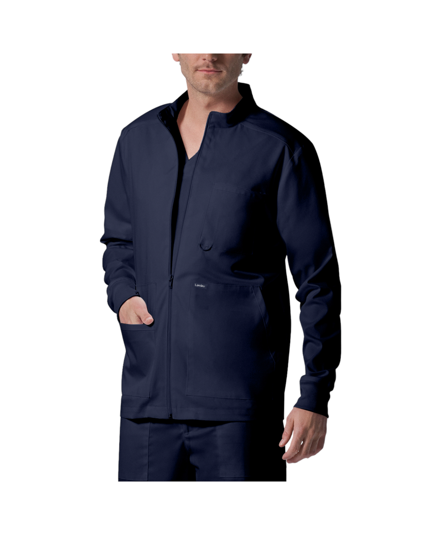 Veste de survêtement pour hommes Landau Proflex #LJ702 OS avec 1 poche poitrine avec boucle pour badge d'identité, 2 grandes poches et une petite poche bonus contenant un élastique pour garder vos articles de papeterie rangés, couleur Marine.