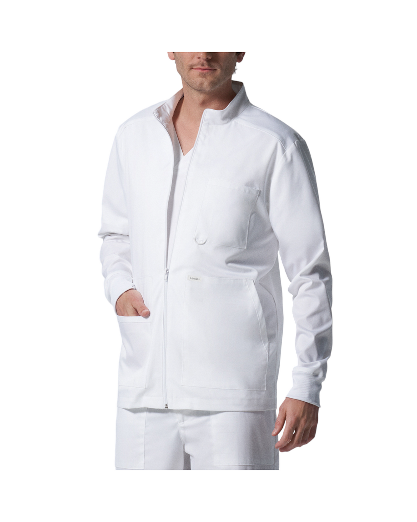 Veste de survêtement pour hommes Landau Proflex #LJ702 OS avec 1 poche poitrine avec boucle pour badge d'identité, 2 grandes poches et une petite poche bonus contenant un élastique pour garder vos articles de papeterie rangés, couleur Blanc.