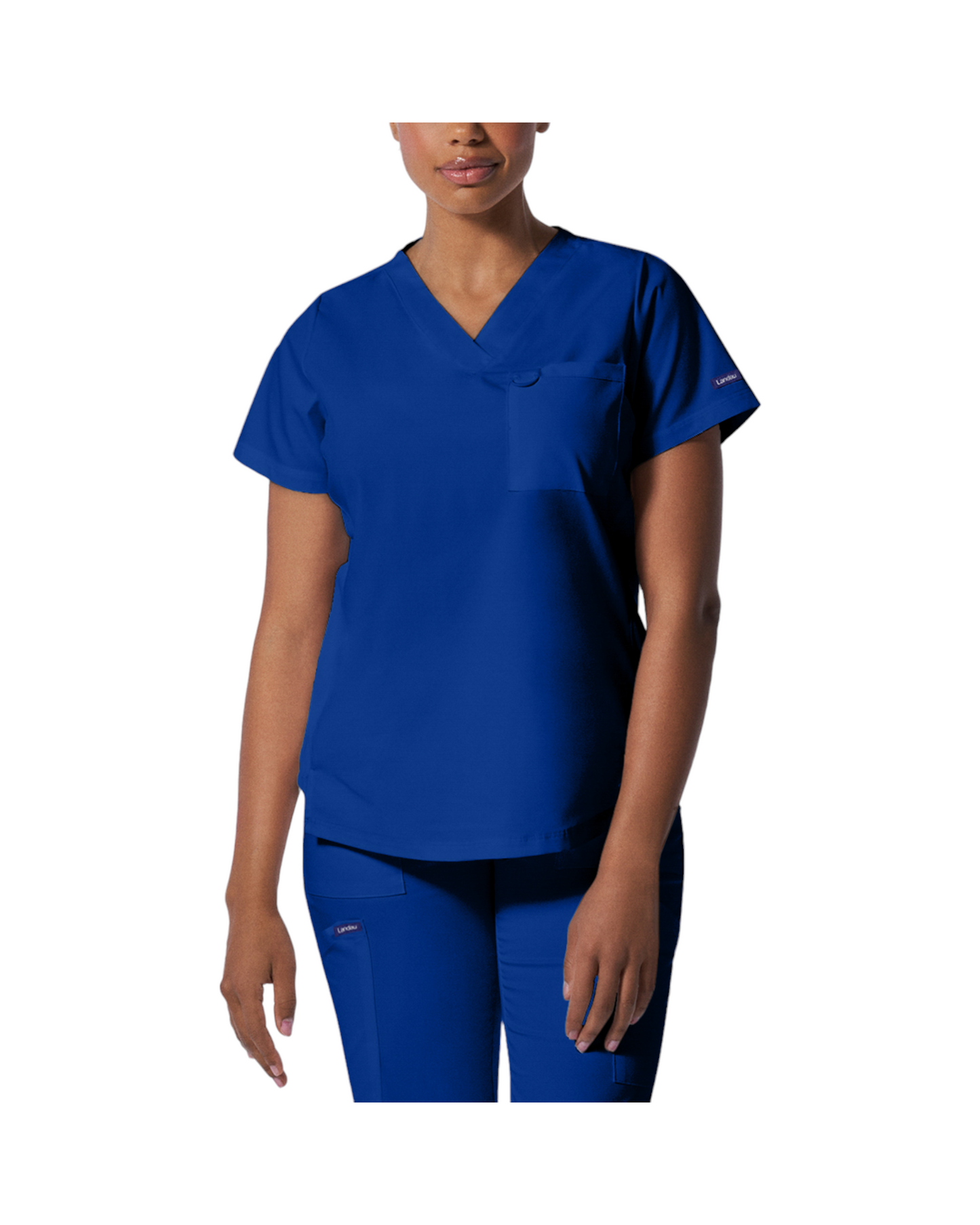 Haut d'uniformes à col en V coupe moderne pour femme avec des coutures princesses. Landau Proflex #LT107 couleur Bleu galaxie.
