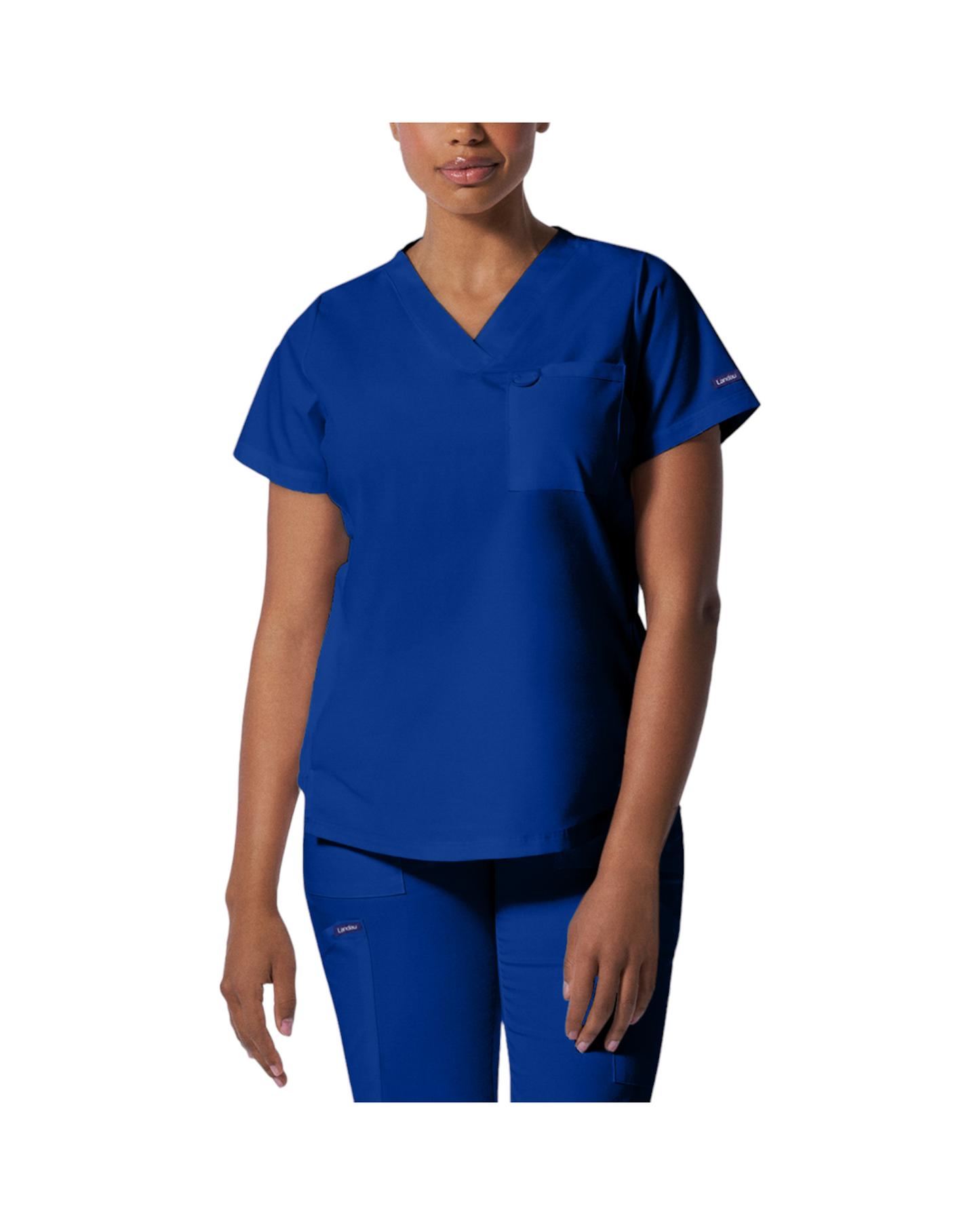 Haut d'uniformes à col en V coupe moderne pour femme avec des coutures princesses.  Landau Proflex #LT107 couleur Bleu galaxie.