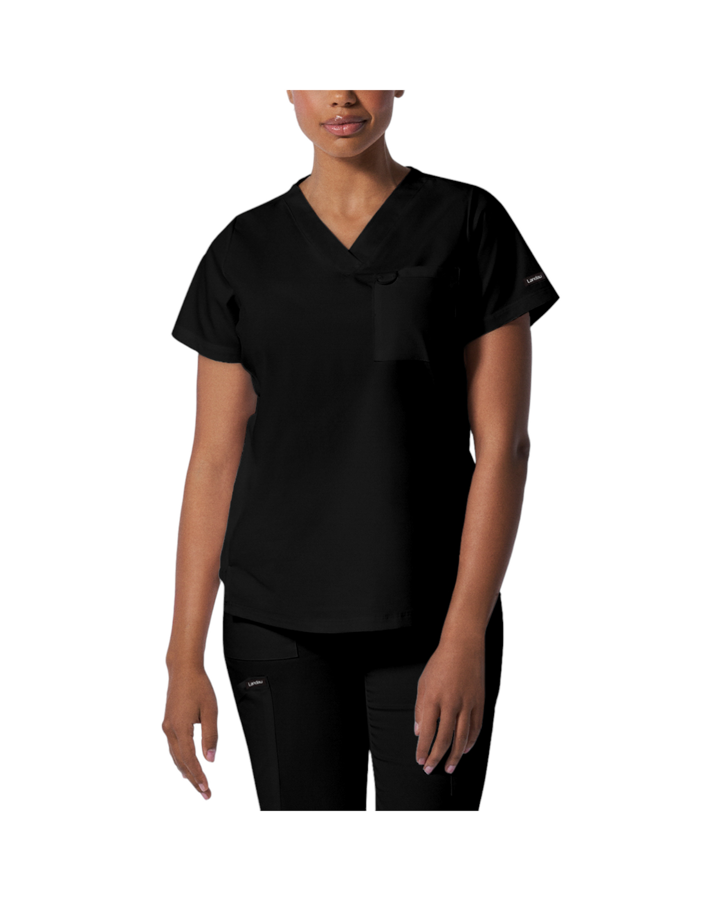 Haut d'uniformes à col en V coupe moderne pour femme avec des coutures princesses. Landau Proflex #LT107 couleur Noir.