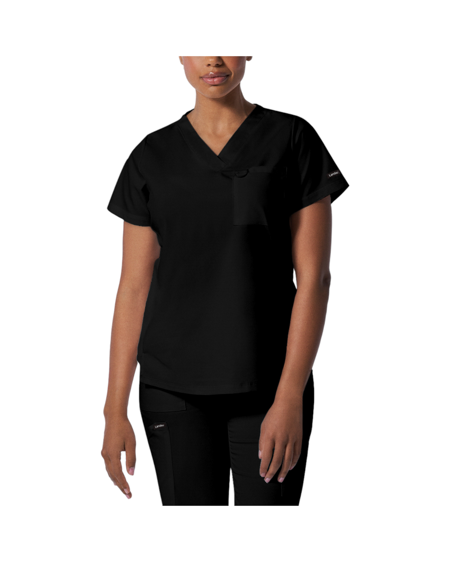 Haut d'uniformes à col en V coupe moderne pour femme avec des coutures princesses.  Landau Proflex #LT107 couleur Noir.