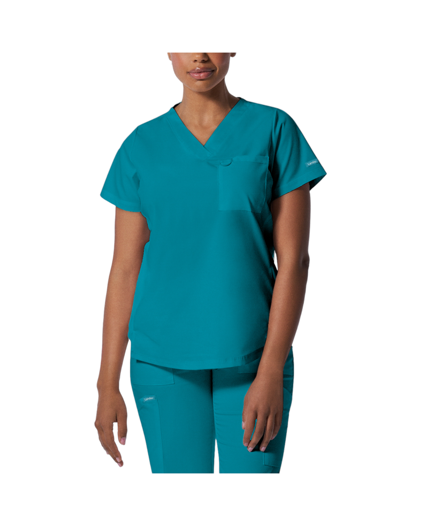 Haut d'uniformes à col en V coupe moderne pour femme avec des coutures princesses. Landau Proflex #LT107 couleur Sarcelle.
