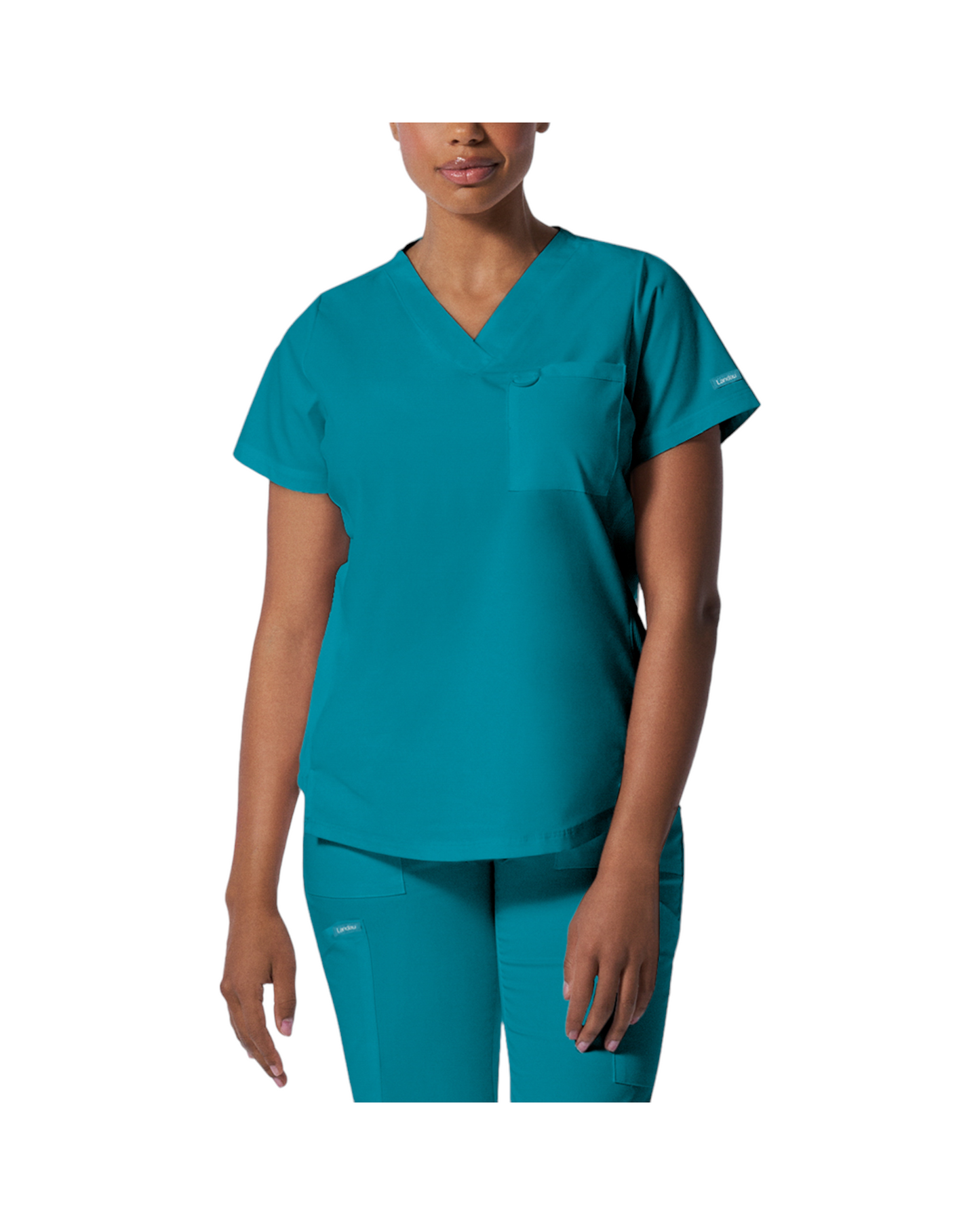 Haut d'uniformes à col en V coupe moderne pour femme avec des coutures princesses.  Landau Proflex #LT107 couleur Sarcelle.