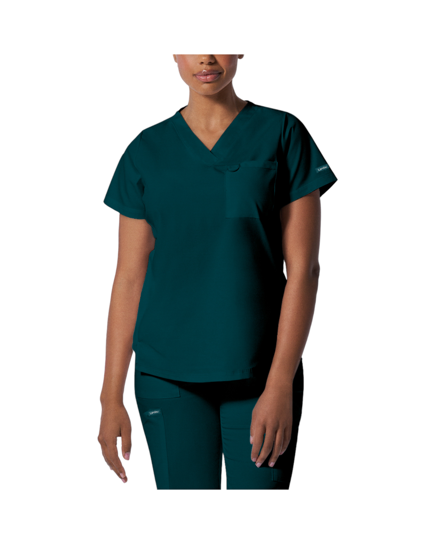 Haut d'uniformes à col en V coupe moderne pour femme avec des coutures princesses. Landau Proflex #LT107 couleur Caraïbes.