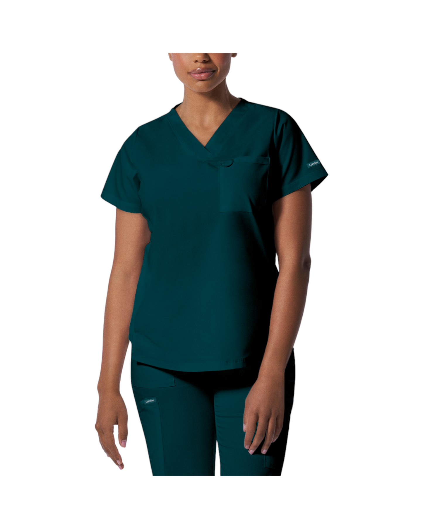 Haut d'uniformes à col en V coupe moderne pour femme avec des coutures princesses.  Landau Proflex #LT107 couleur Caraïbes.