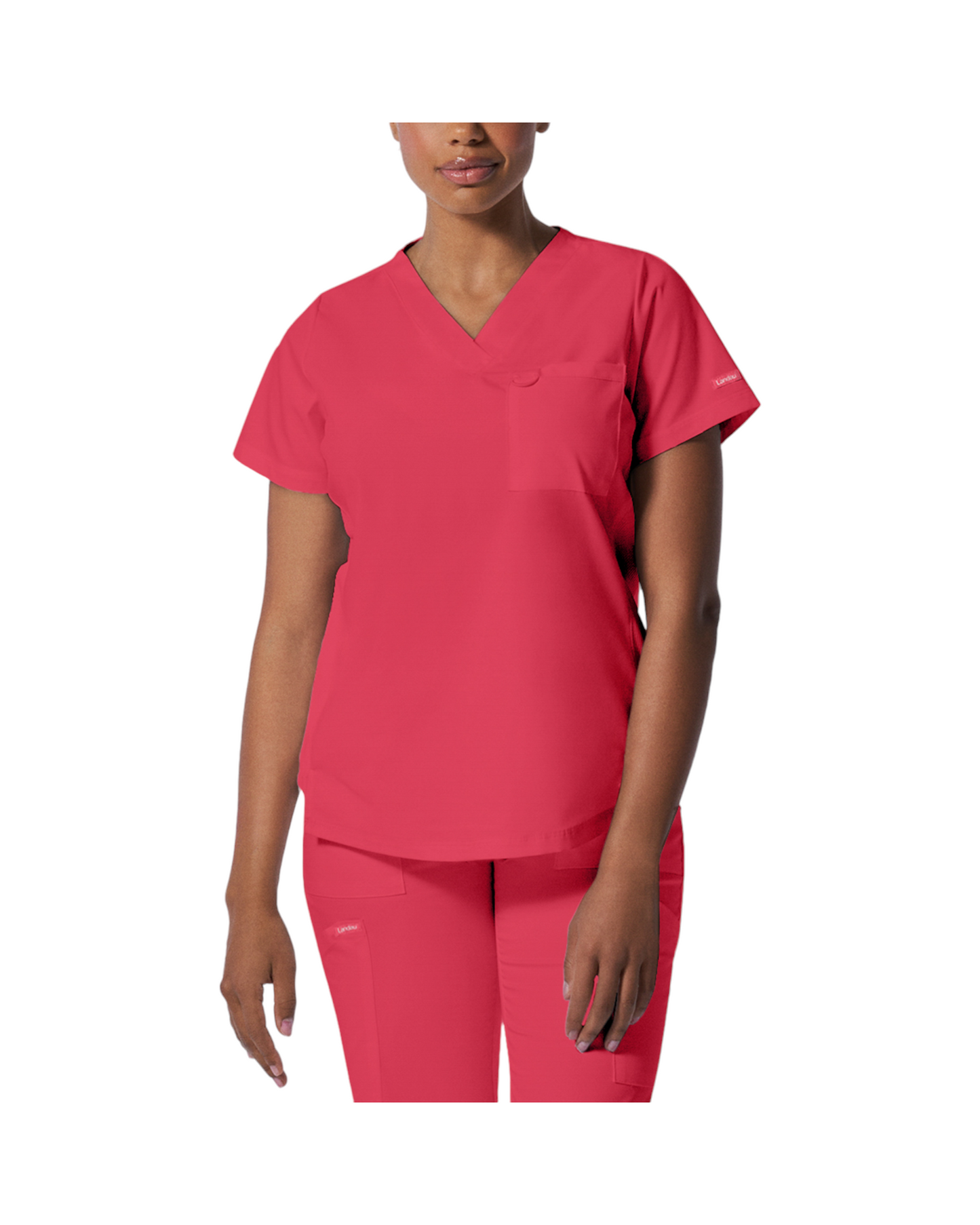 Haut d'uniformes à col en V coupe moderne avec des coutures princesses.  Landau Proflex #LT107 couleur Corail.