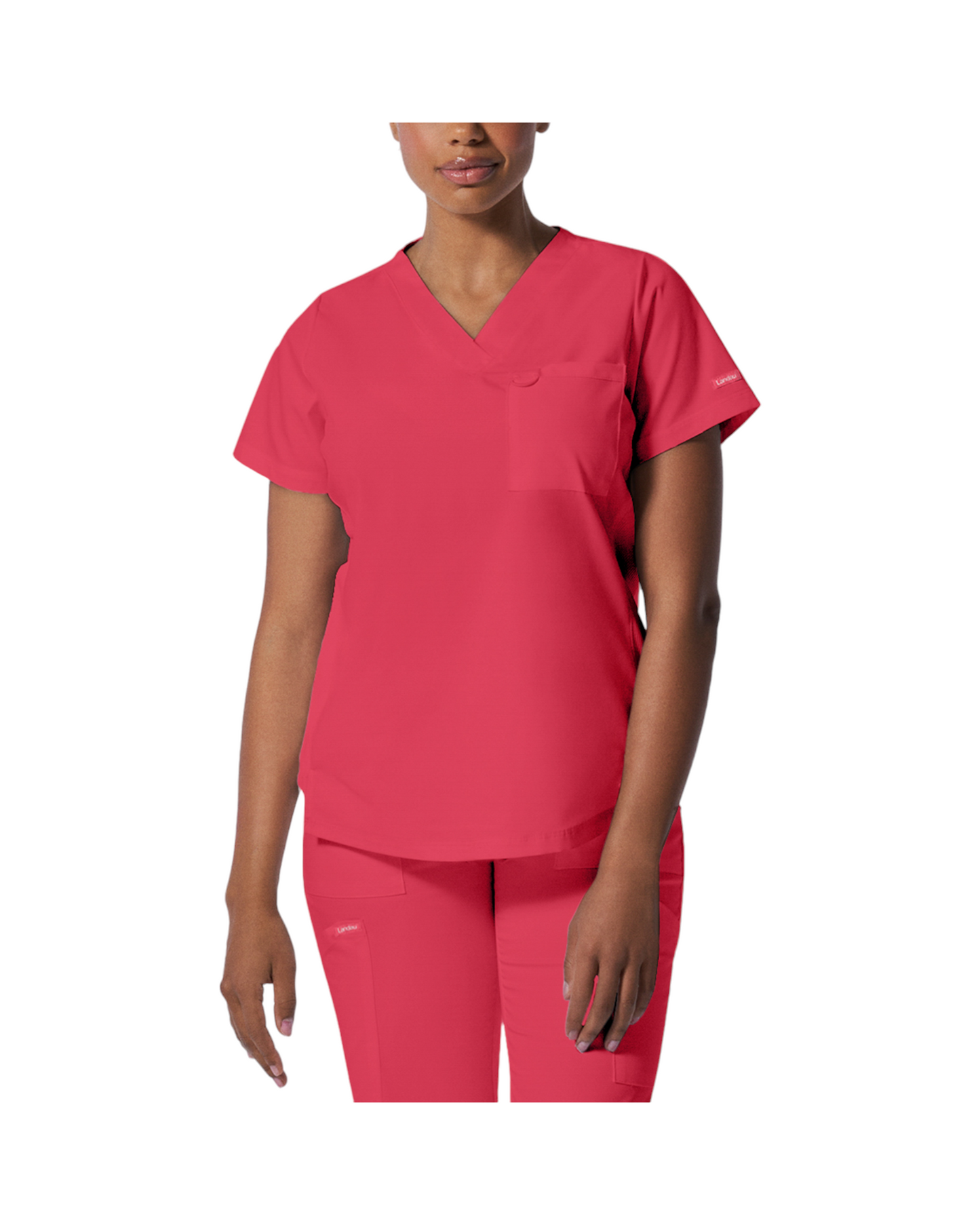 Haut d'uniformes à col en V coupe moderne pour femme avec des coutures princesses. Landau Proflex #LT107 couleur Corail.