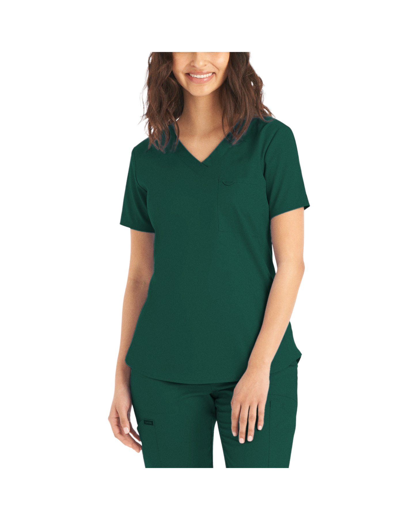 Haut d'uniformes à col en V coupe moderne pour femme avec des coutures princesses.  Landau Proflex #LT107 couleur vert fôret.