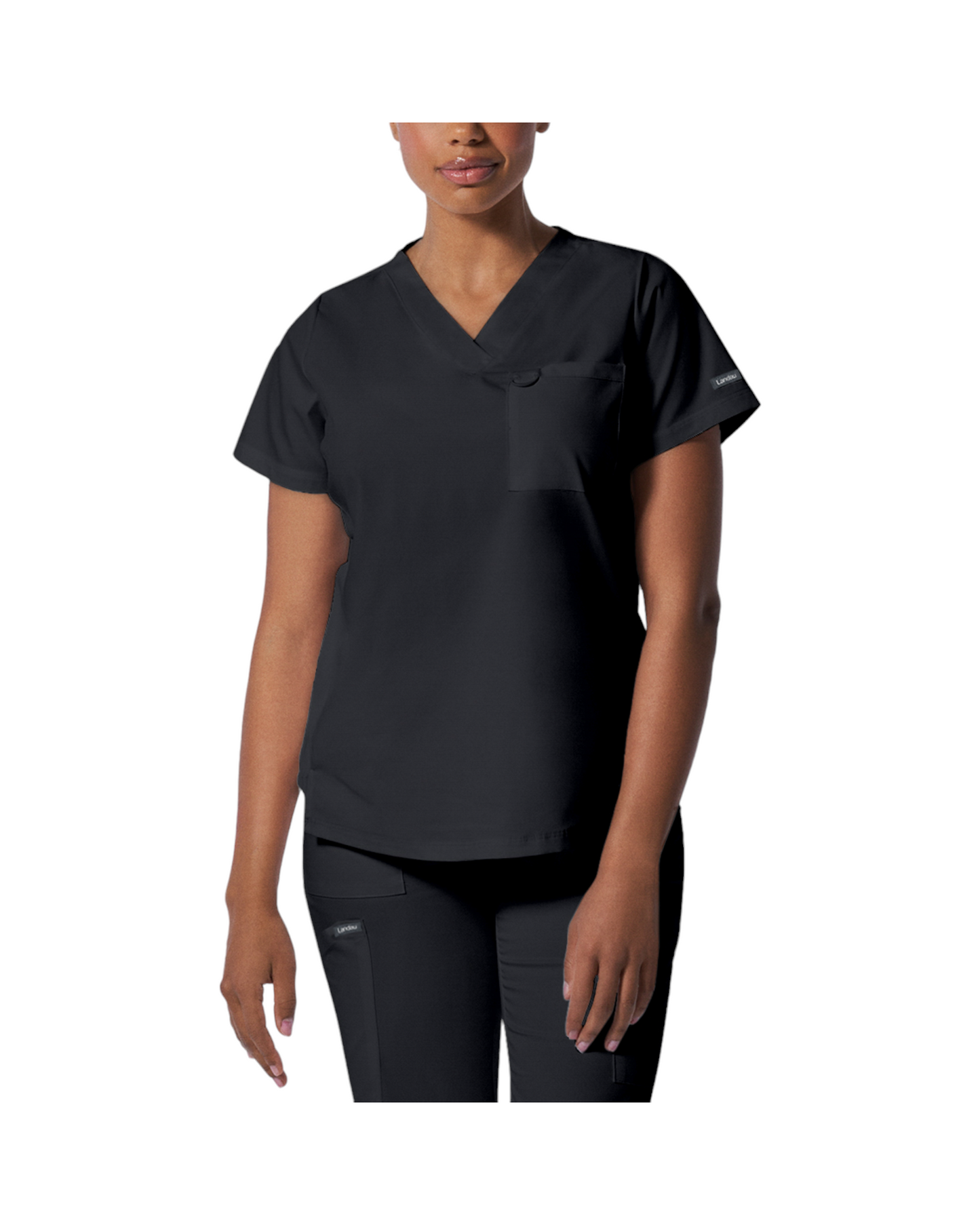 Haut d'uniformes à col en V coupe moderne pour femme avec des coutures princesses. Landau Proflex #LT107 couleur graphite