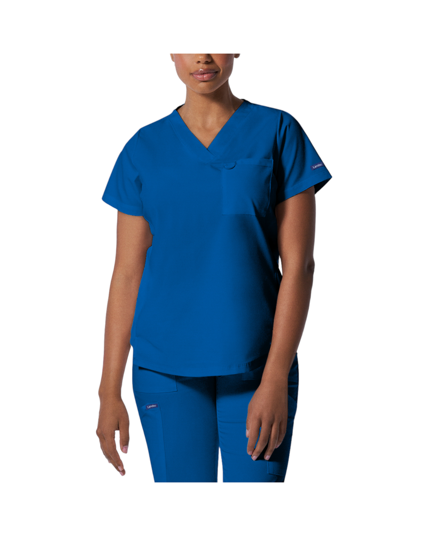 Haut d'uniformes à col en V coupe moderne pour femme avec des coutures princesses. Landau Proflex #LT107 couleur Royal.