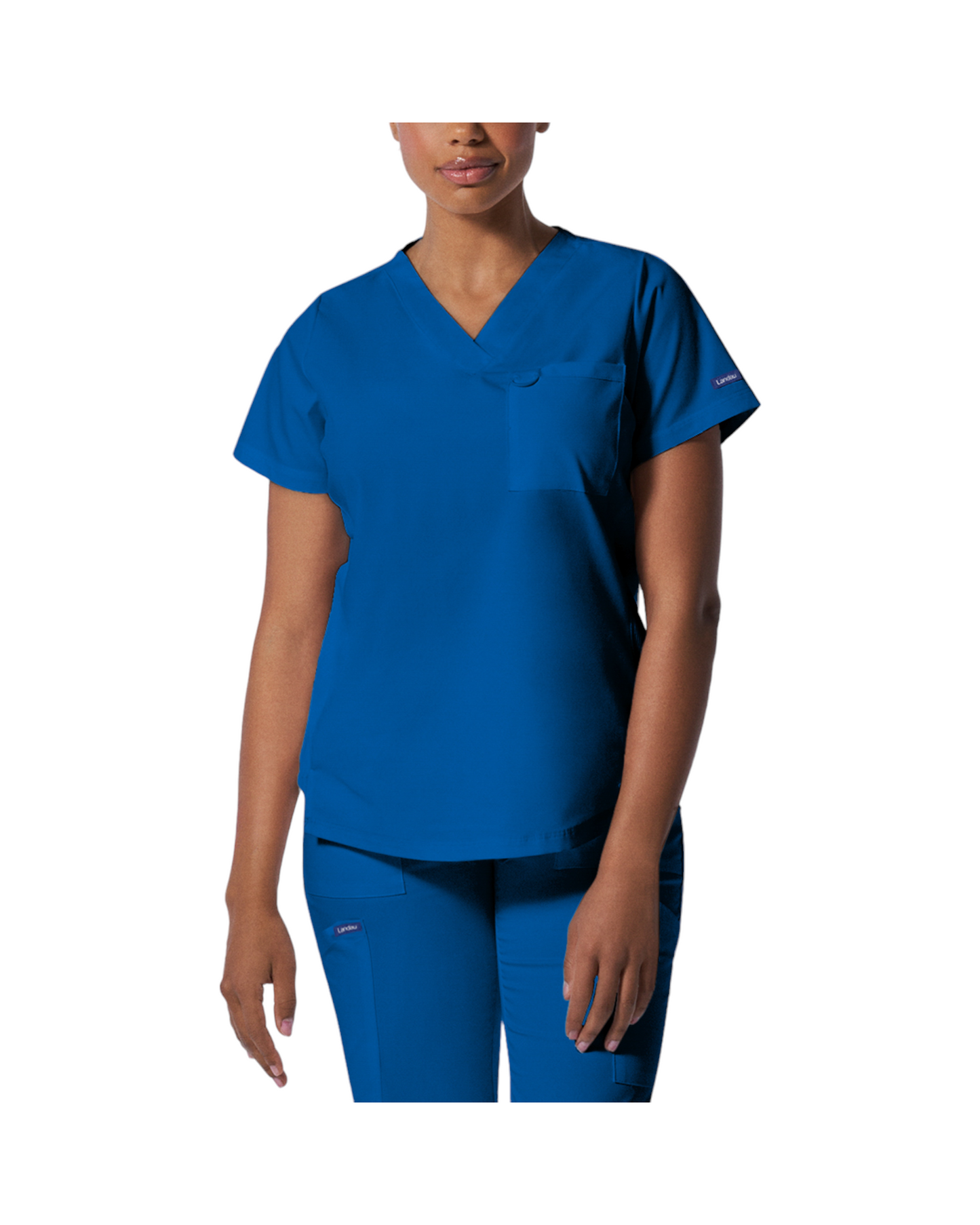 Haut d'uniformes à col en V coupe moderne pour femme avec des coutures princesses.  Landau Proflex #LT107 couleur Royal.