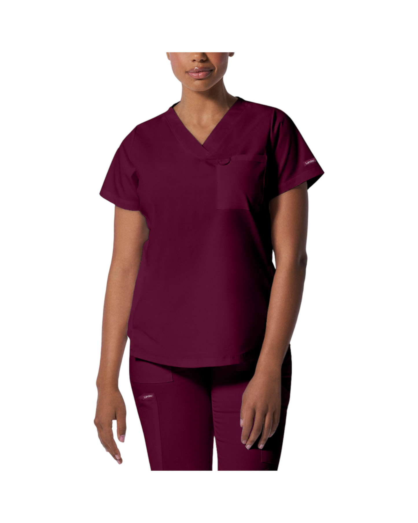 Haut d'uniformes à col en V coupe moderne pour femme avec des coutures princesses. Landau Proflex #LT107 couleur Bourgogne