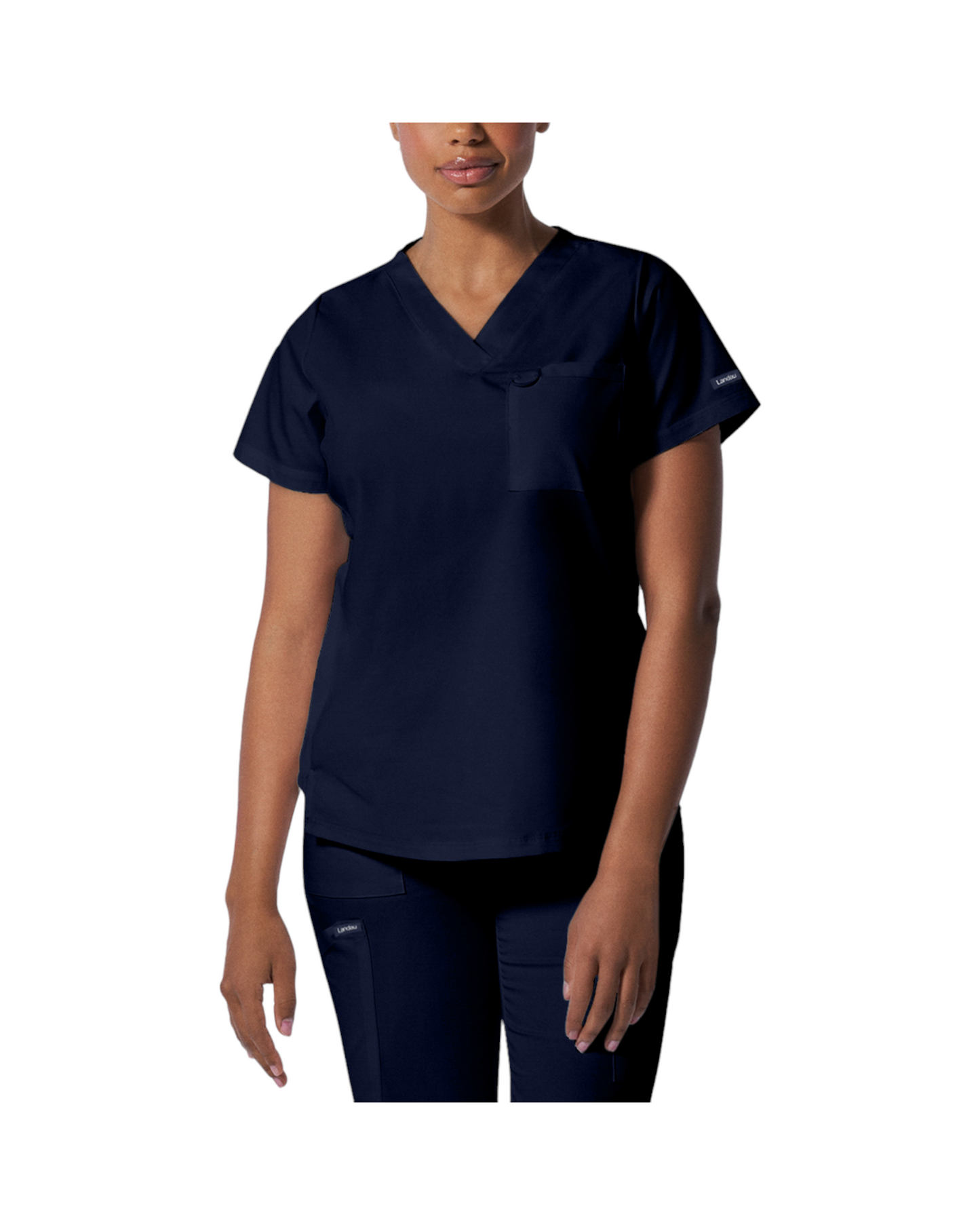 Haut d'uniformes à col en V pour femme coupe moderne avec des coutures princesses. Landau Proflex #LT107 couleur marine