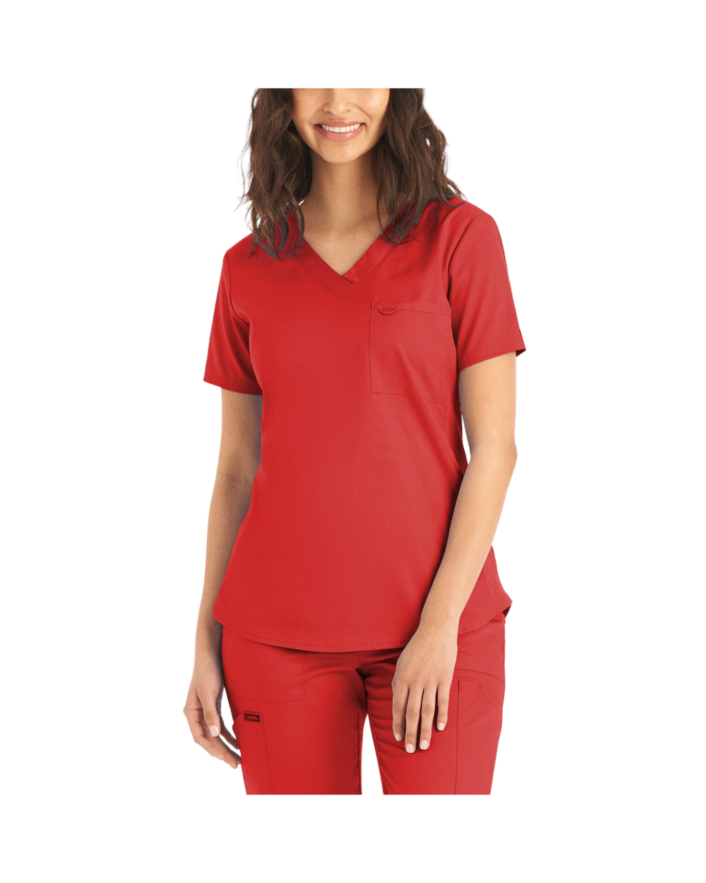 Haut d'uniformes à col en V coupe moderne pour femme avec des coutures princesses. Landau Proflex #LT107 couleur Rouge.