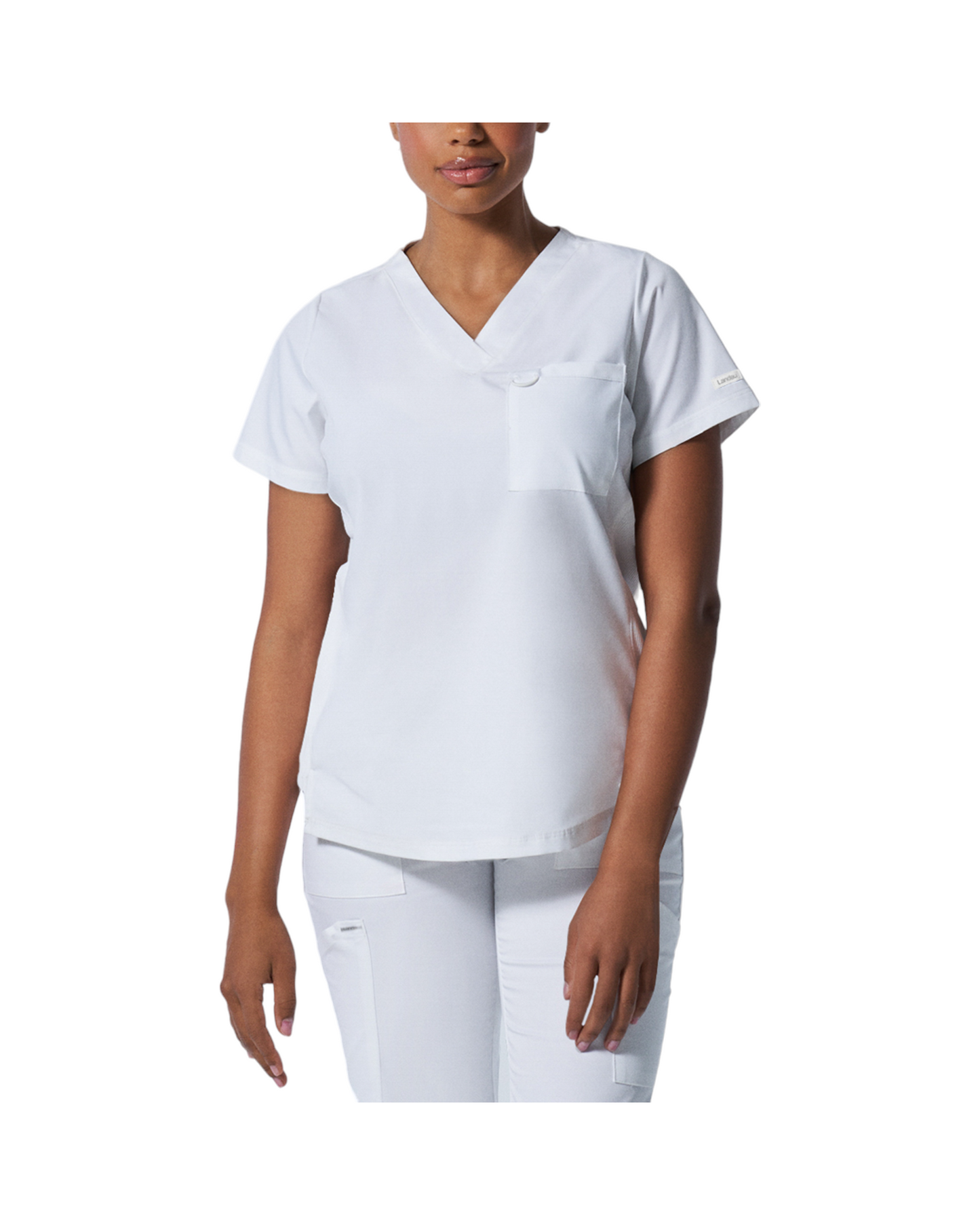 Haut d'uniformes à col en V coupe moderne pour femme avec des coutures princesse . Landau Proflex #LT107 couleur Blanc