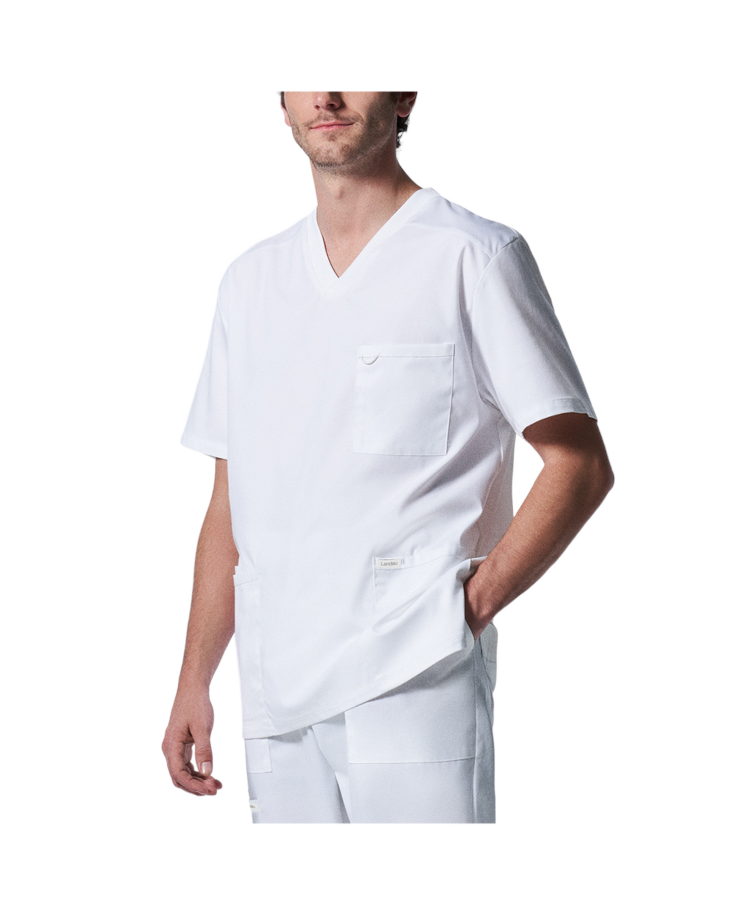 Haut 4 poches à col en V pour hommes taille plus Landau Proflex #LT109 OS couleur blanc