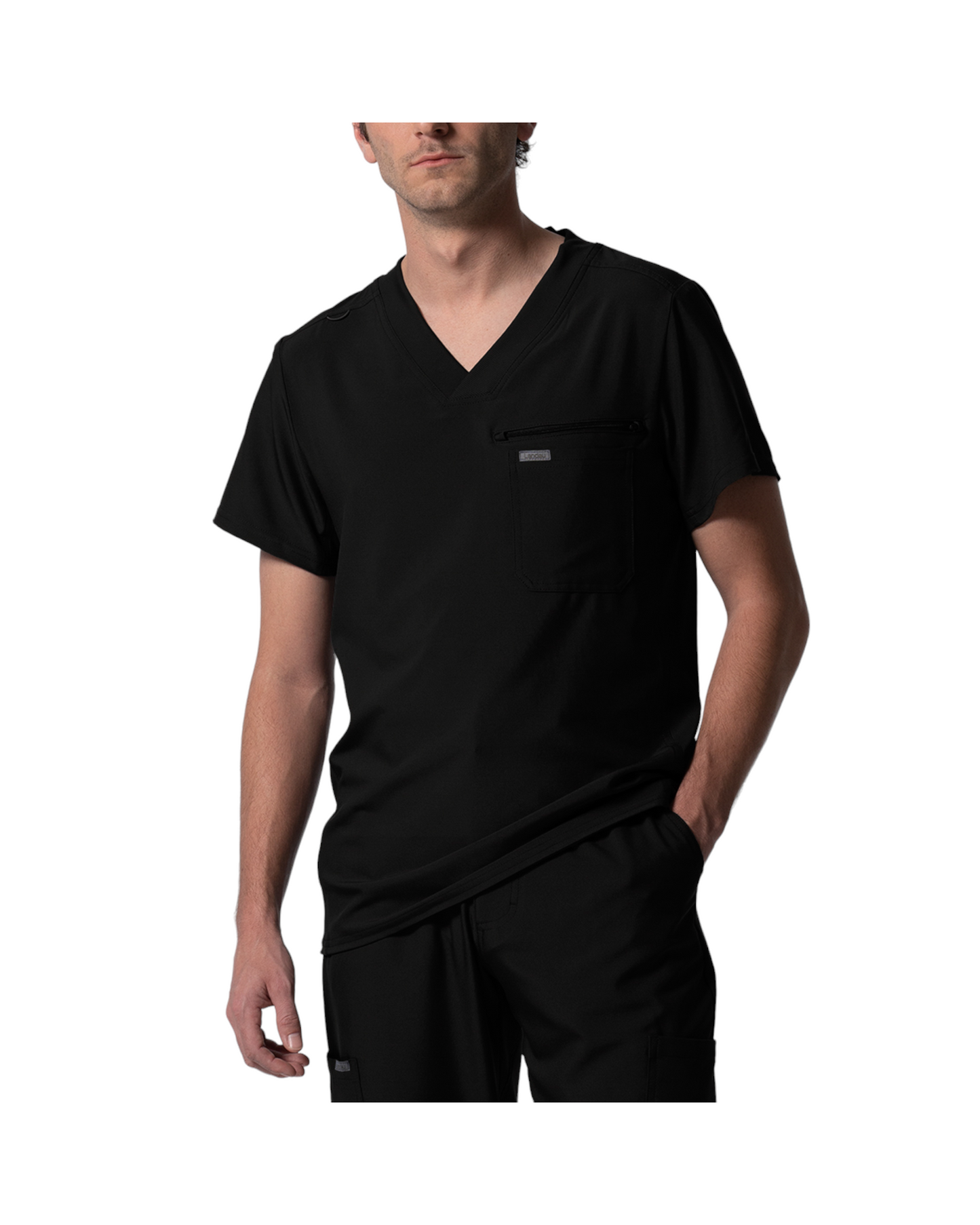 Haut à col en V pout homme, panneaux côtelés au dos, Avec 2 poches, 1 poche poitrine, une boucle pour badge d'identification et une poche zippée bonus.