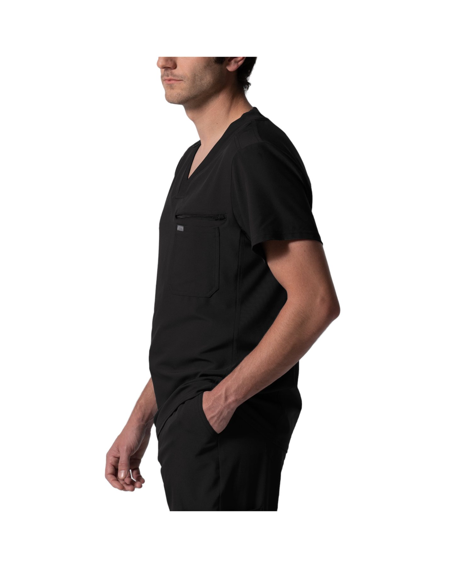 Haut à col en V pout homme, panneaux côtelés au dos, Avec 2 poches, 1 poche poitrine, une boucle pour badge d'identification et une poche zippée bonus.