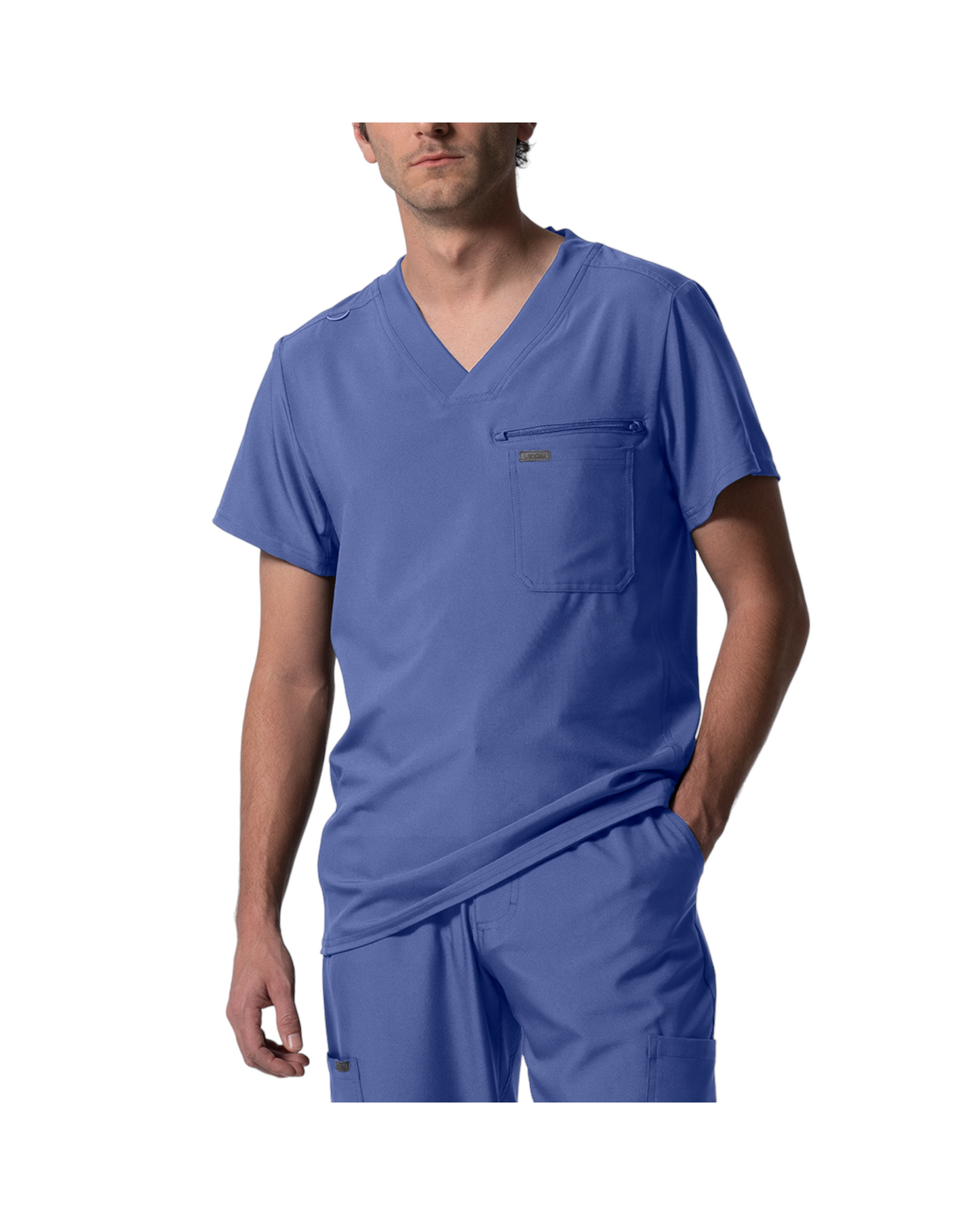 Haut à col en V pout homme, panneaux côtelés au dos, Avec 2 poches, 1 poche poitrine, une boucle pour badge d'identification et une poche zippée bonus.