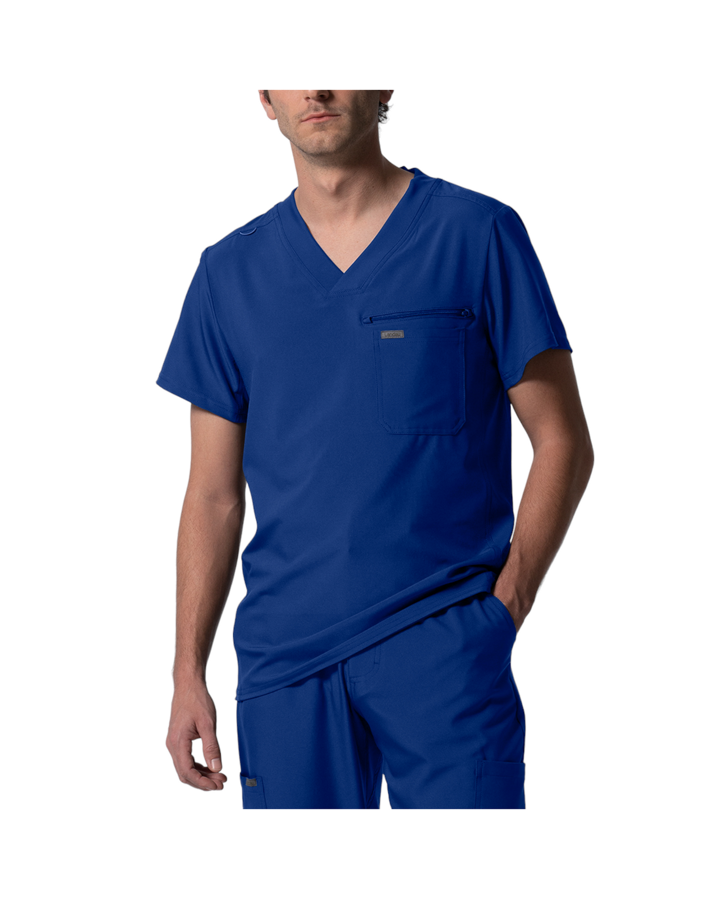 Haut à col en V pout homme, panneaux côtelés au dos, Avec 2 poches, 1 poche poitrine, une boucle pour badge d'identification et une poche zippée bonus.