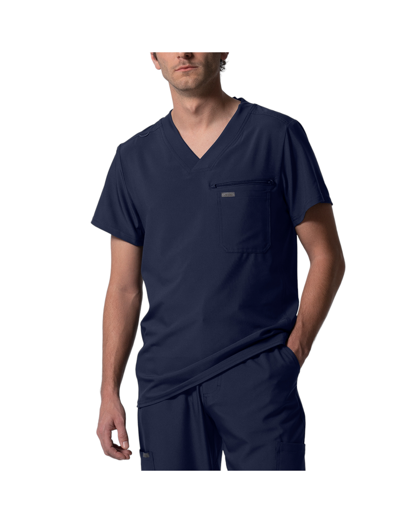 Haut à col en V pout homme, panneaux côtelés au dos, Avec 2 poches, 1 poche poitrine, une boucle pour badge d'identification et une poche zippée bonus.