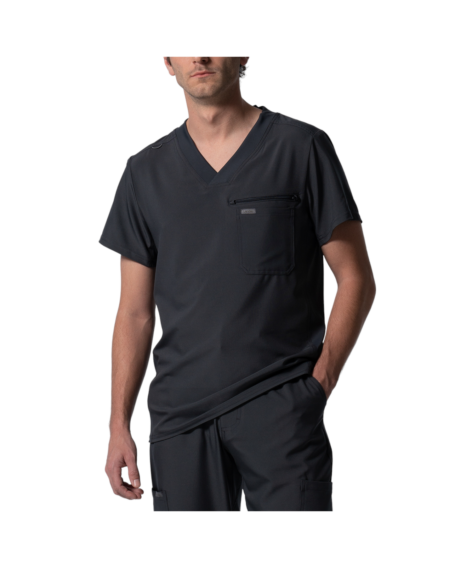 Haut à col en V pout homme, panneaux côtelés au dos, Avec 2 poches, 1 poche poitrine, une boucle pour badge d'identification et une poche zippée bonus.