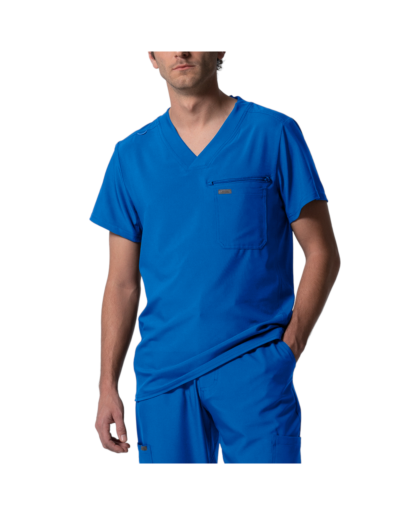 Haut à col en V pout homme, panneaux côtelés au dos, Avec 2 poches, 1 poche poitrine, une boucle pour badge d'identification et une poche zippée bonus.
