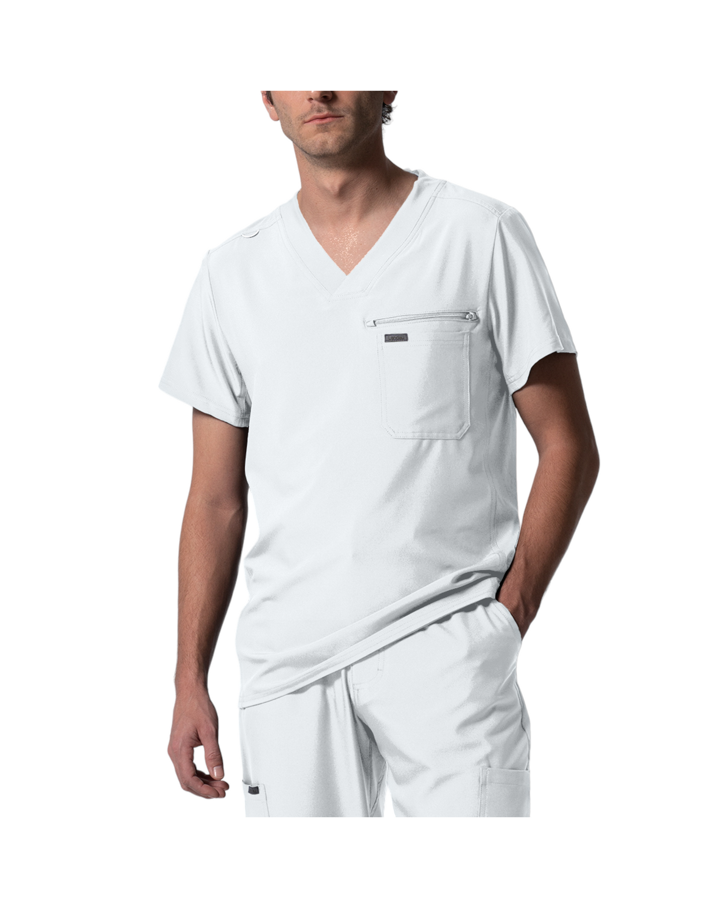 Haut à col en V pout homme, panneaux côtelés au dos, Avec 2 poches, 1 poche poitrine, une boucle pour badge d'identification et une poche zippée bonus.