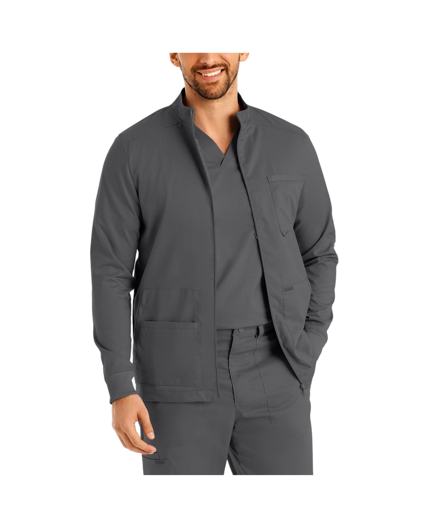 Veste de survêtement pour hommes Landau Proflex #LJ702 avec 1 poche poitrine avec boucle pour badge d'identité, 2 grandes poches et une petite poche bonus contenant un élastique pour garder vos articles de papeterie rangés, couleur Gris glacier..