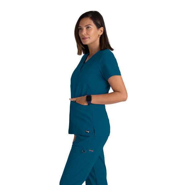 Top col V à 3 poches Grey's Anatomy Spandex Stretch Kim Top #GRST001328 coté Bahama