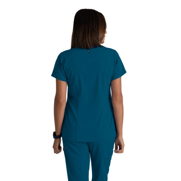Top col V à 3 poches Grey's Anatomy Spandex Stretch Kim Top #GRST001328 derrière Bahama