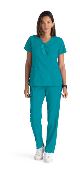 Top col V à 3 poches Grey's Anatomy Spandex Stretch Kim Top #GRST001328 devant Teal