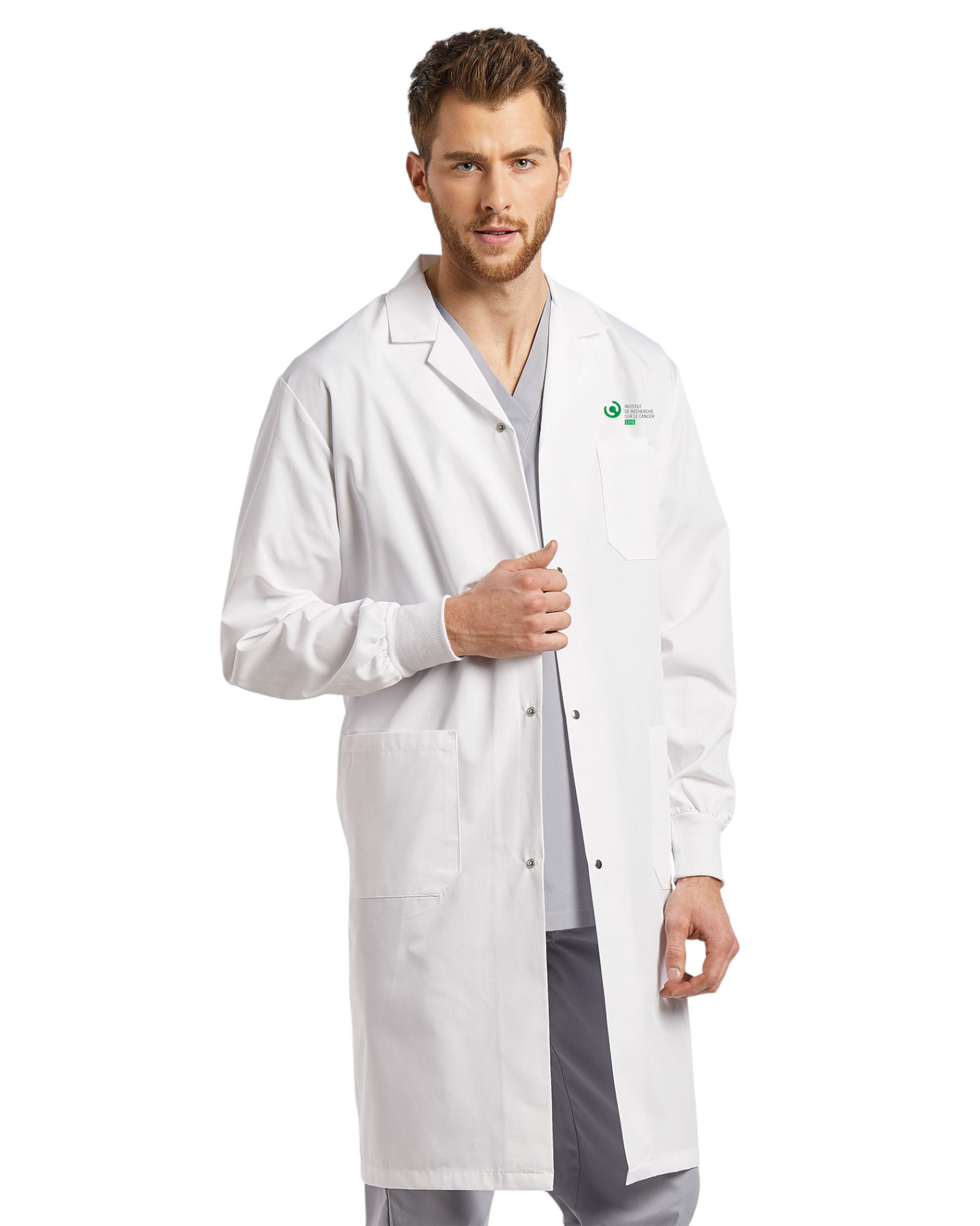 Labcoat with snaps and knit cuffs, unisex White Cross #2068SRB-IRCUS-LOGO+NAME