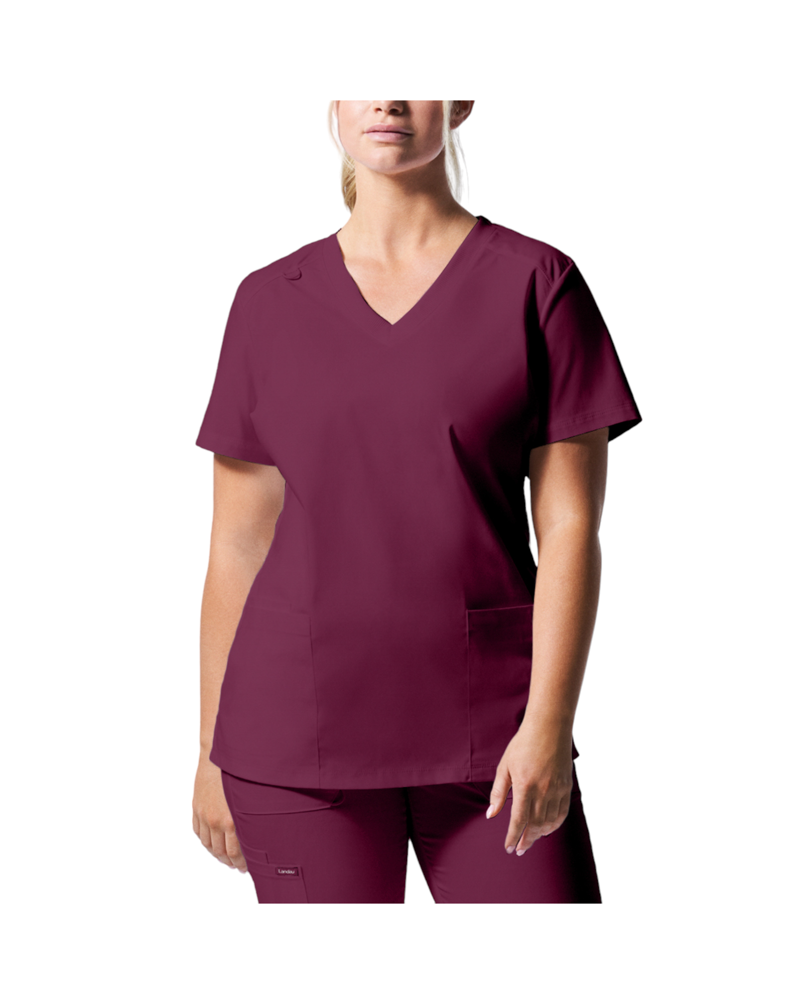 Uniforme de marque landau pour femmes taille plus. Travailleuses du domaine de la santé. LT105-OS couleur Bourgogne, col en V.
