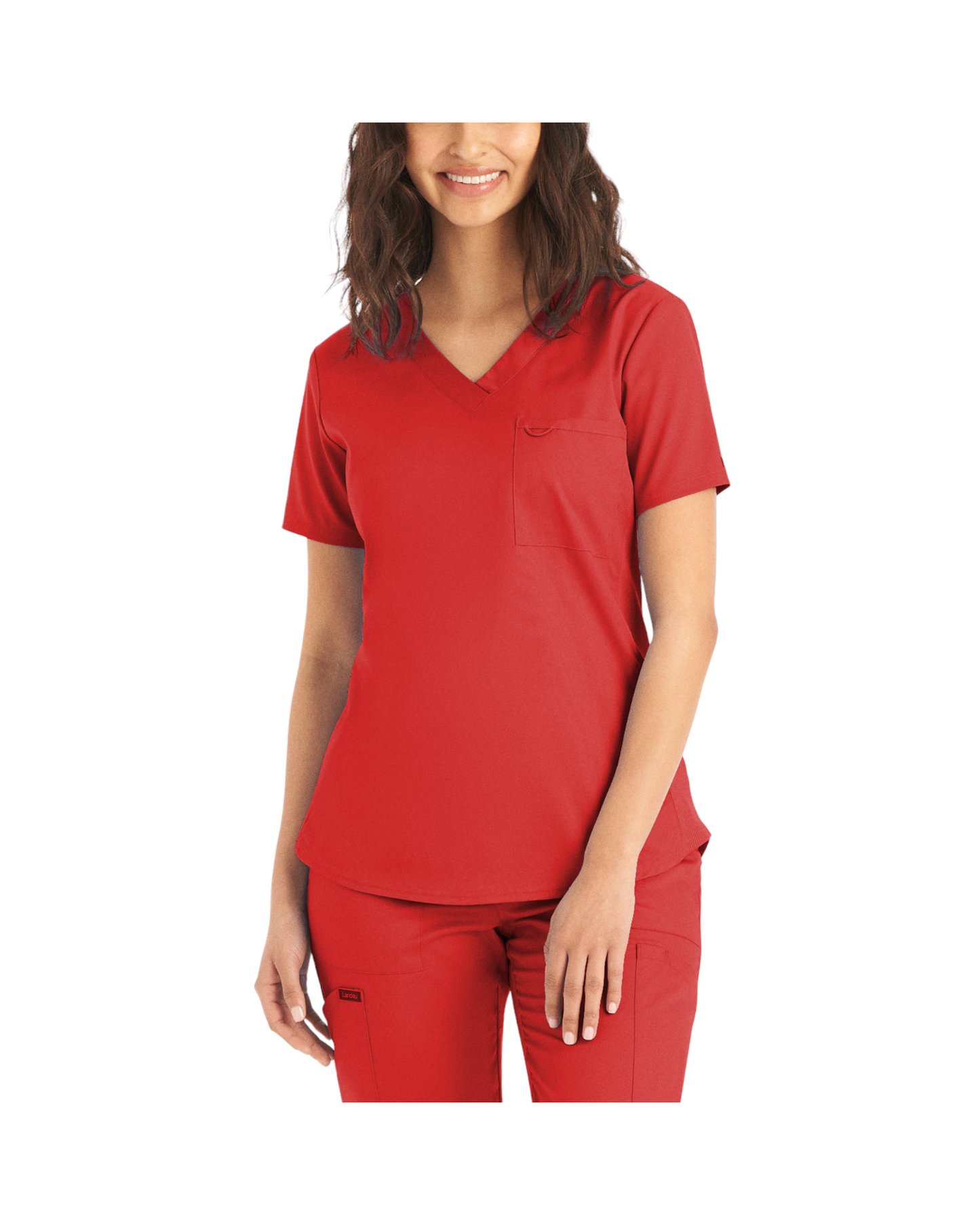 Haut d'uniformes à col en V coupe moderne pour femme avec des coutures princesses.  Landau Proflex #LT107 couleur Rouge.