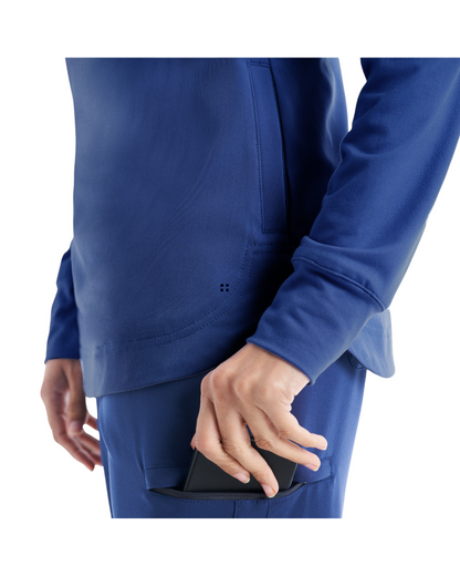 Chandail col montant zippé à 3 poches pour femme White Cross CRFT #WT133 vue poignet bande .lastique et bas du gilet couleur Marine