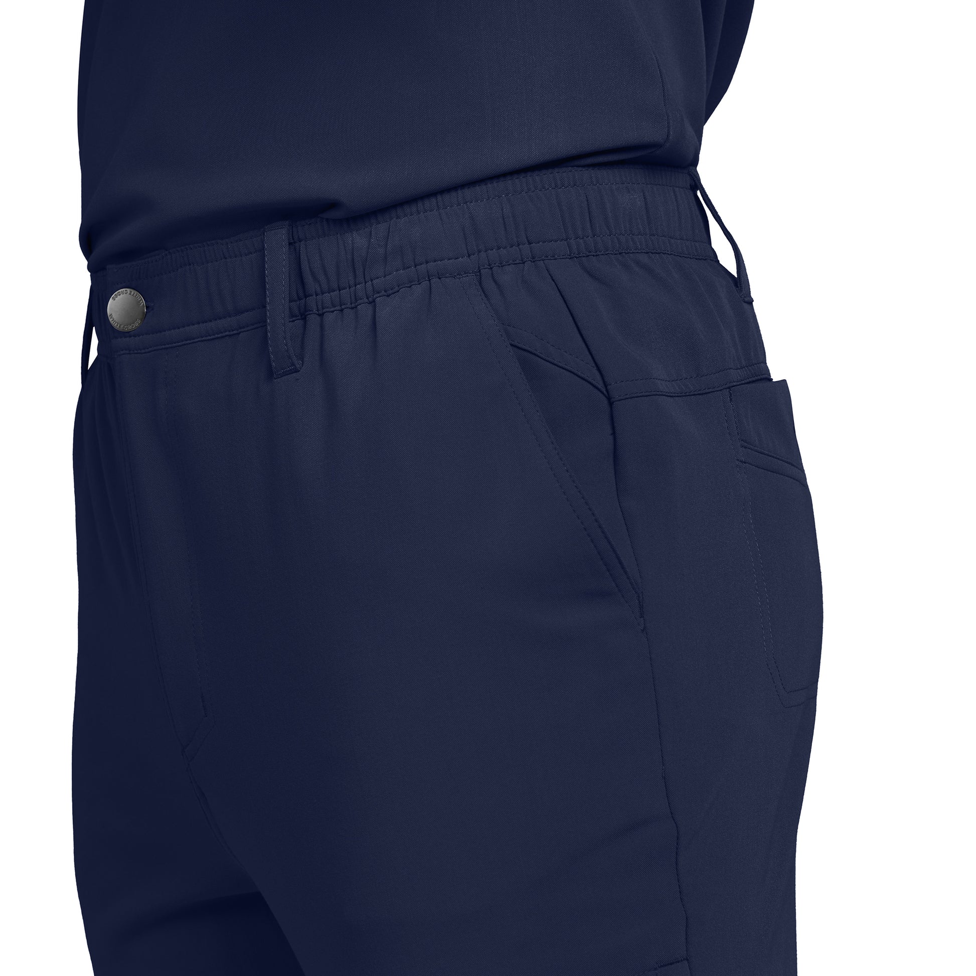 Vue latérale du pantalon cargo 7 poches à jambe droite pour homme CRFT White Cross #WB418 couleur marine