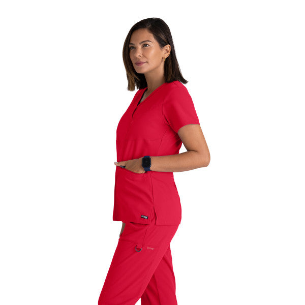 Top col V à 3 poches Grey's Anatomy Spandex Stretch Kim Top #GRST001328 coté rouge scarlet