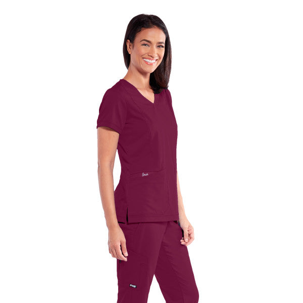 Haut d'uniforme col en V pour femmes Grey's Anatomy - Top classique Kira #GRT04939 rouge vin coté droit